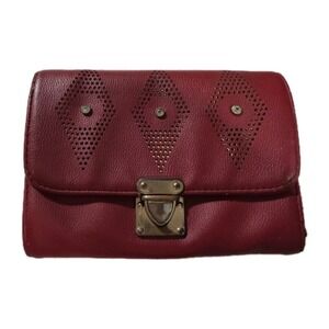 Vintage Red Leather Clutch Wallet Crossbody Bag Purse, Rhinestones